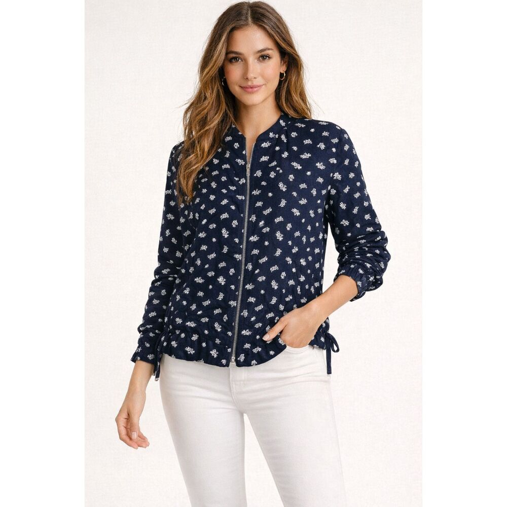LOFT M  Navy Floral Lightweight Bomber Jacket Zip Front Adjustable Waist